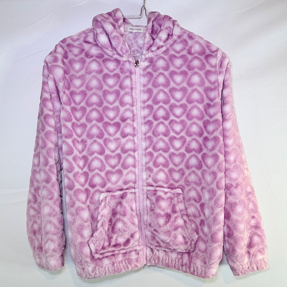 Free Haven Girls Purple Heart Embossed Faux Fur Zip Up Hoodie Jacket Size 14 L